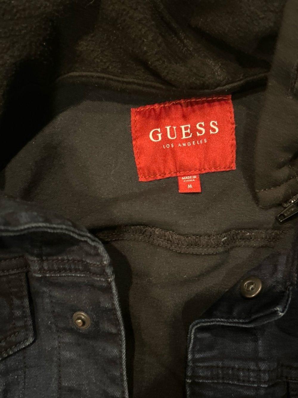 GUESS Los Angeles Hooded Denim Jacket Men’s M Dark Wash Black Hoodie Y2K
